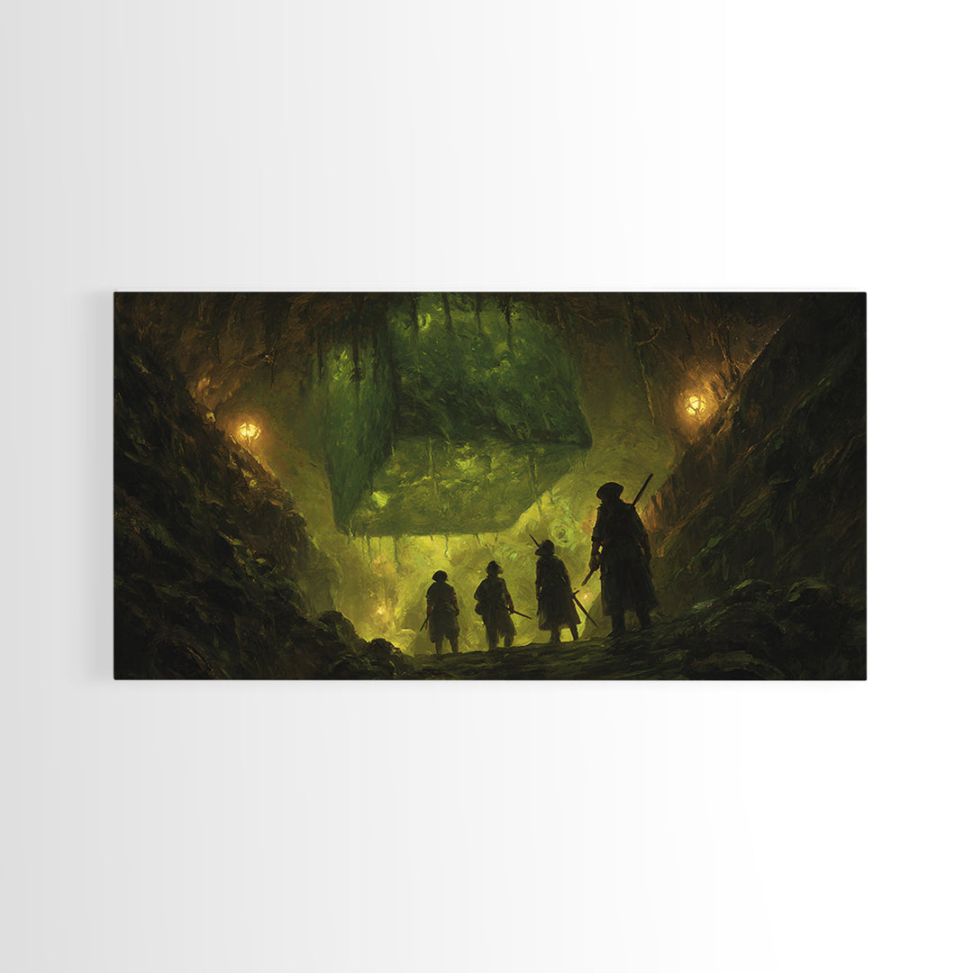 Adventurers Discover Floating Green Cube Canvas Print, Fantasy Cavern Wall Art, Dnd Decor, Gaming Room Art, Unique Gift Idea