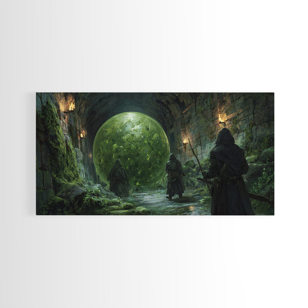 Cloaked Rangers Approach Green Orb Framed Canvas Print, Fantasy Dungeon Wall Art, Gothic Decor, Dnd Art, Gaming Room Decor