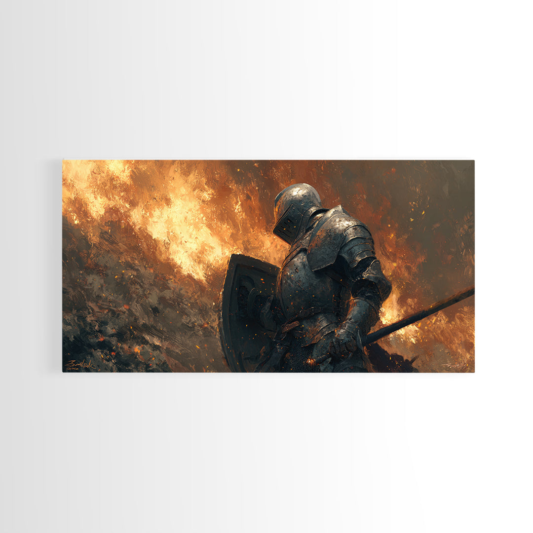 Armored Knight In Blazing Battlefield Canvas Print, Medieval Fantasy Art, Warrior Wall Decor, Gothic Wall Art, Gift For Him