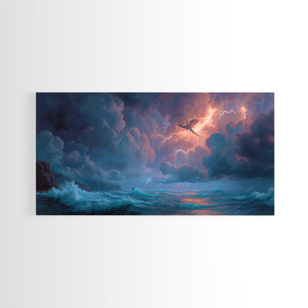 Stormy Ocean Dragon And Lightning Wall Art, Fantasy Seascape, Nautical Decor, Coastal Wall Art, Dramatic Fine Art Print, Home Decor