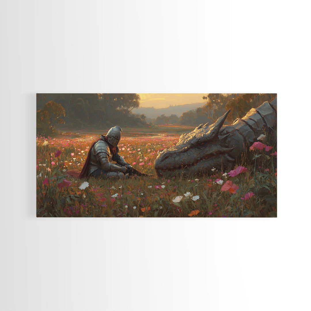 Resting Knight And Sleeping Dragon In Wildflower Meadow Framed Canvas Print, Fantasy Wall Art, Medieval Home Decor, Gift For Her