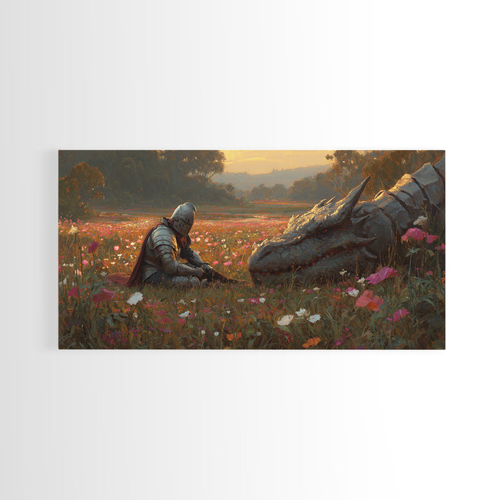 Resting Knight And Sleeping Dragon In Wildflower Meadow Framed Canvas Print, Fantasy Wall Art, Medieval Home Decor, Gift For Her