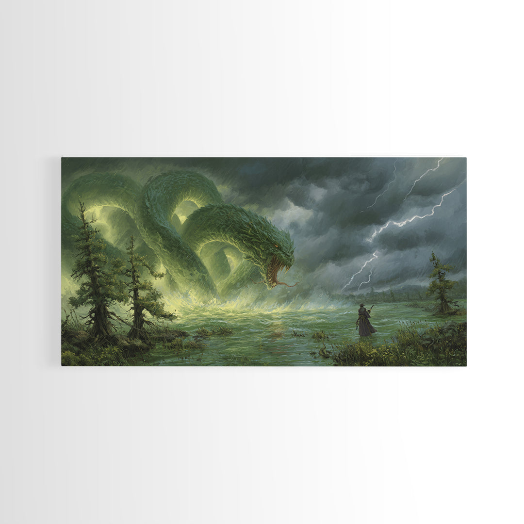 Giant Emerald Serpent In Stormy Marsh Canvas Print, Fantasy Wall Art, Dragon Artwork, Dark Academia Home Decor, Mystical Wall Decor