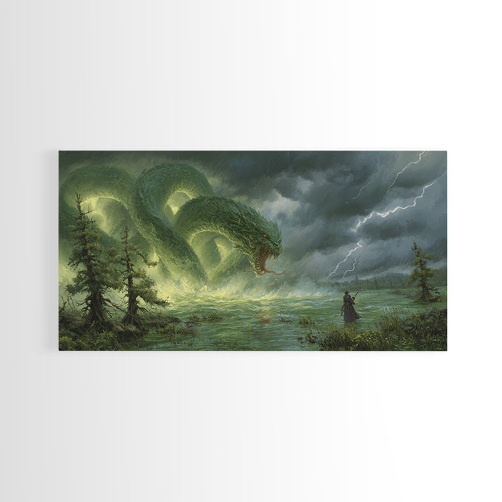 Giant Emerald Serpent In Stormy Marsh Canvas Print, Fantasy Wall Art, Dragon Artwork, Dark Academia Home Decor, Mystical Wall Decor
