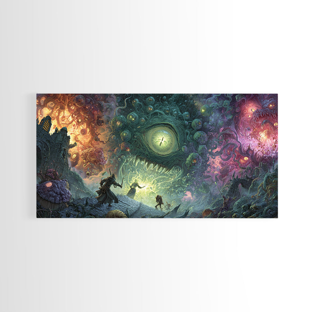 Adventurers Facing Cosmic Portal Monster Canvas Print, Surreal Fantasy Wall Art, Lovecraftian Game Room Decor Gift For Him