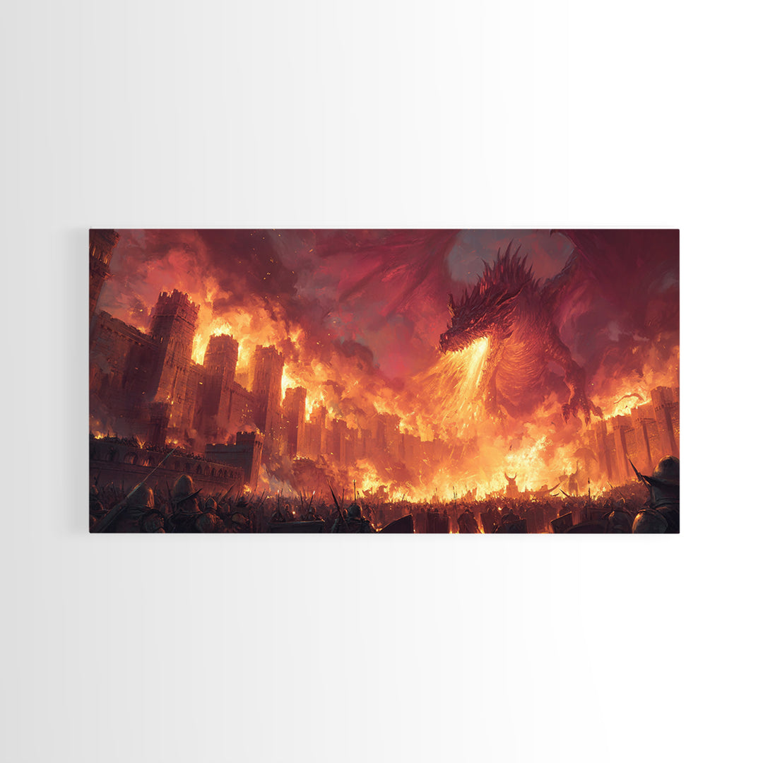 Fire Dragon Attacking Burning Castle City Framed Canvas Print, Dark Fantasy Wall Art, Medieval Battle Home Decor Gift For Him