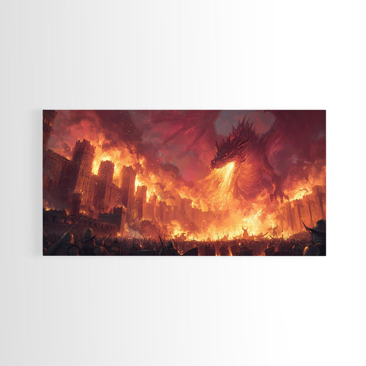 Fire Dragon Attacking Burning Castle City Framed Canvas Print, Dark Fantasy Wall Art, Medieval Battle Home Decor Gift For Him