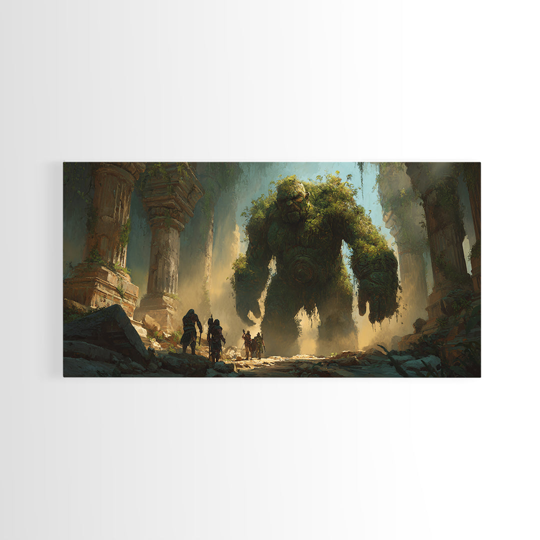 Ancient Moss Giant In Overgrown Temple Ruins Canvas Print, Fantasy Wall Art, Mythical Adventure Home Decor Gift For Gamer