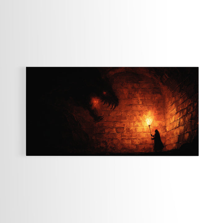 Cloaked Figure With Torch Facing Dungeon Beast Canvas Print, Gothic Wall Art, Dark Fantasy Creepy Horror Decor Gift For Him