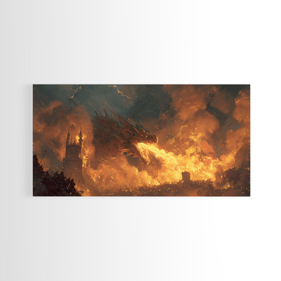 Red Dragon Breathing Fire Over War Torn Kingdom Framed Canvas Print, Epic Fantasy Wall Art, Medieval Castle Decor Gift For Him