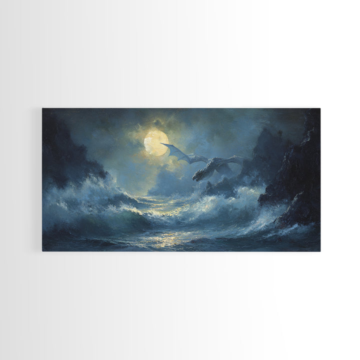 Moonlit Dragons Flying Over Stormy Ocean Waves Canvas Print, Fantasy Seascape Wall Art, Coastal Gothic Bedroom Decor Gift