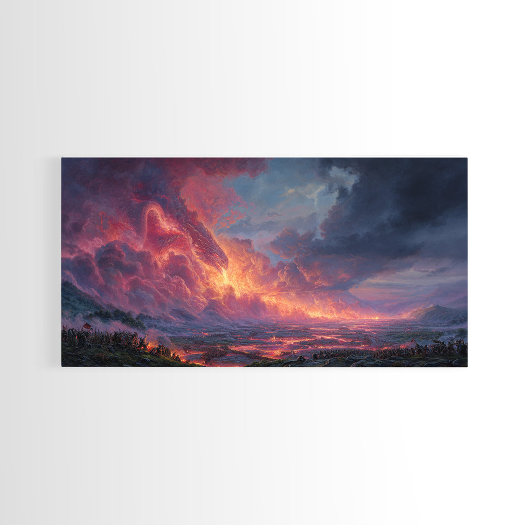 Glowing Lava Dragon Above Volcanic Valley Framed Canvas Print, Fantasy Landscape Wall Art, Dramatic Game Room Decor Gift For Him