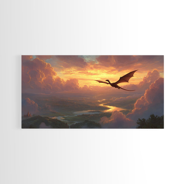 Sunset Dragon Over Golden River Valley Canvas Print, Fantasy Landscape Wall Art, Epic Castle Decor, Large Panoramic Artwork