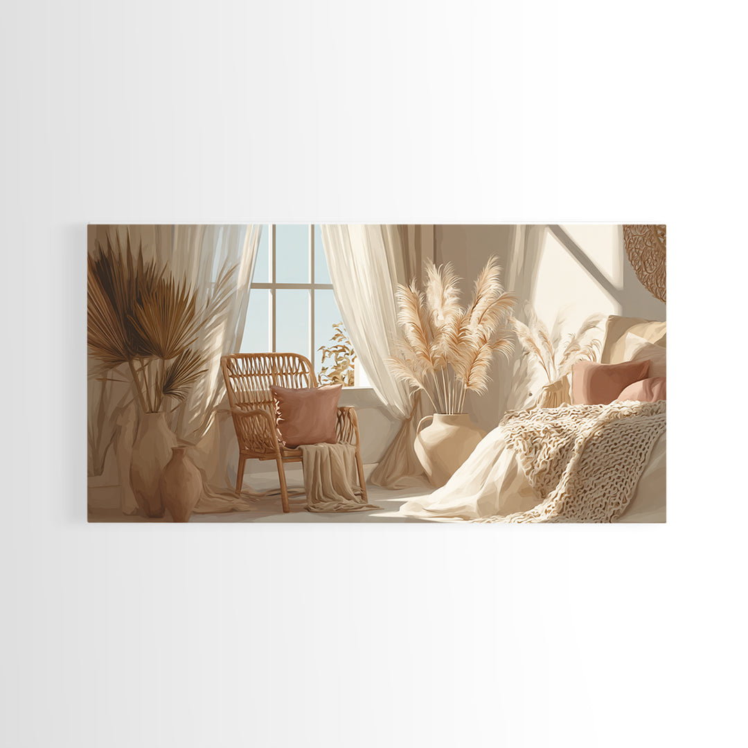 Sunlit Boho Bedroom With Pampas Grass Framed Canvas Print, Neutral Wall Art, Cozy Home Decor, Above Bed Decor Gift For Her