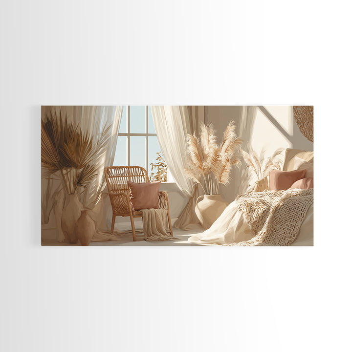 Sunlit Boho Bedroom With Pampas Grass Framed Canvas Print, Neutral Wall Art, Cozy Home Decor, Above Bed Decor Gift For Her