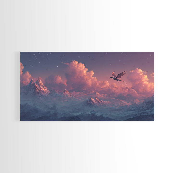 Twilight Dragon Above Snowy Mountains Framed Canvas Print, Fantasy Wall Art, Starry Sky Decor, Majestic Alpine Landscape