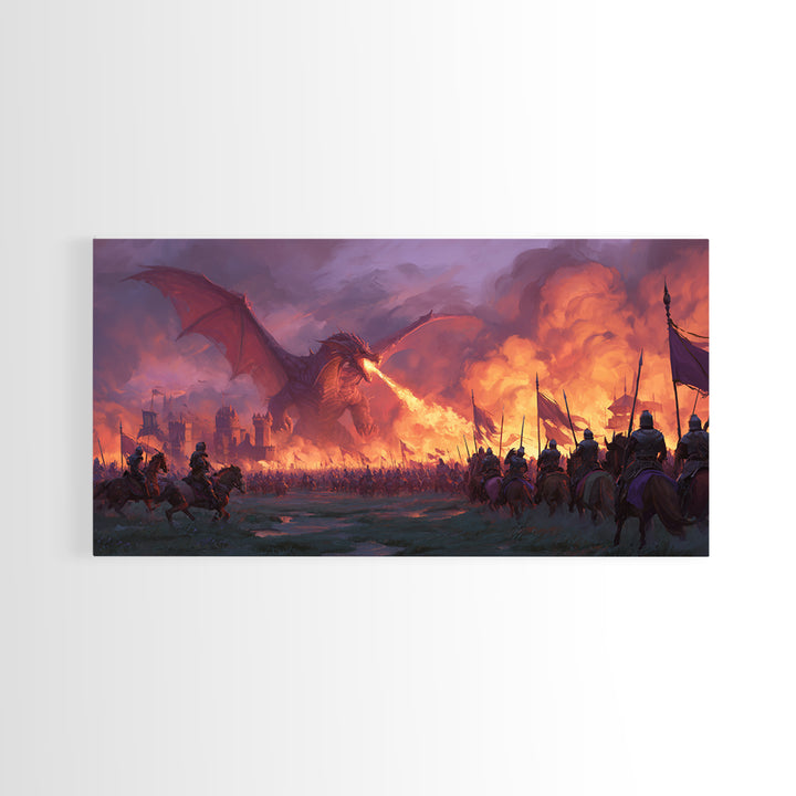 Fire Breathing Dragon Battlefield Canvas Print, Dark Fantasy Wall Art, Medieval Castle Decor, Epic Warrior Battle Scene Artwork