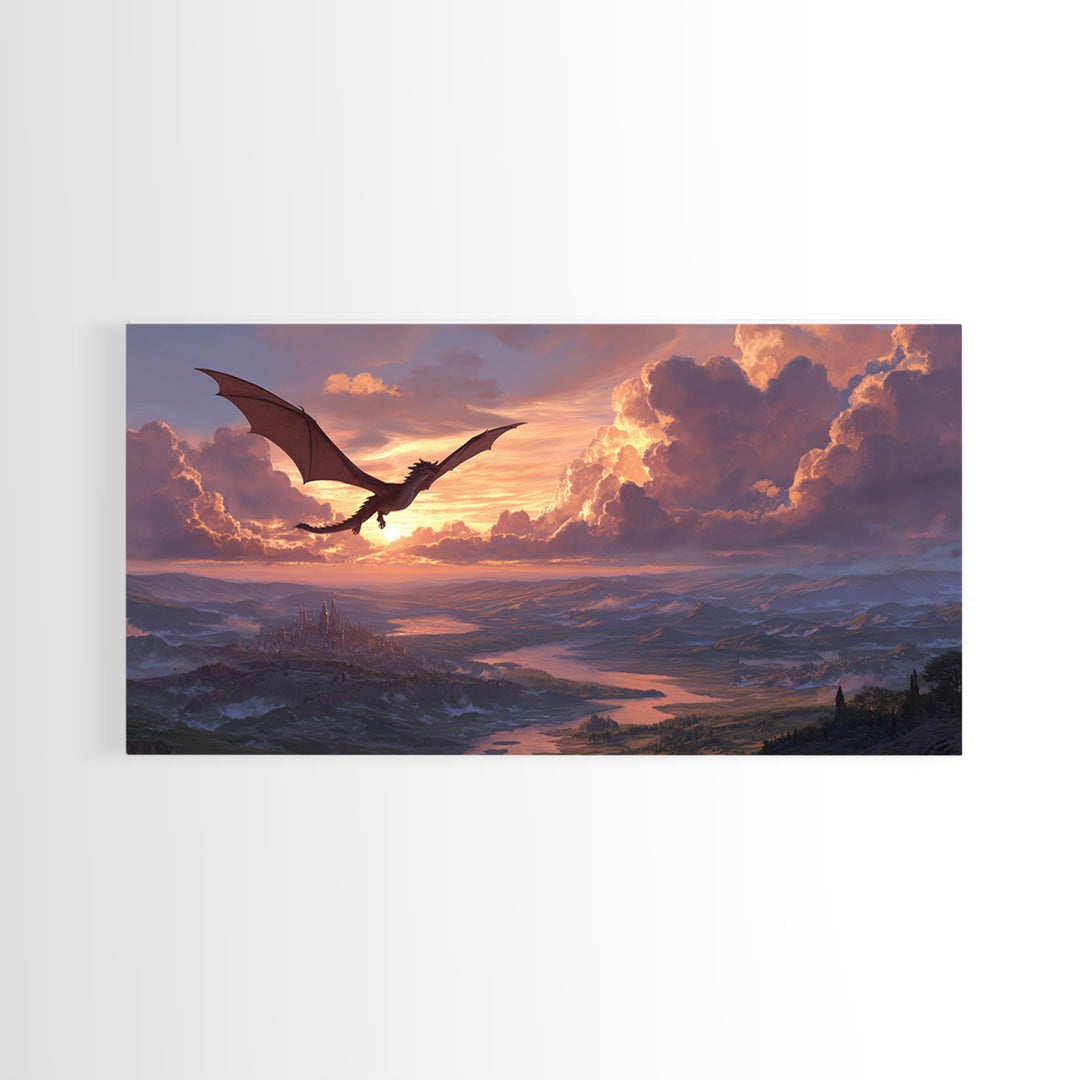 Black Dragon Gliding Above Sunset Kingdom Framed Canvas Print, Fantasy Landscape Wall Art, Castle Lake Decor, Epic Wall Decor