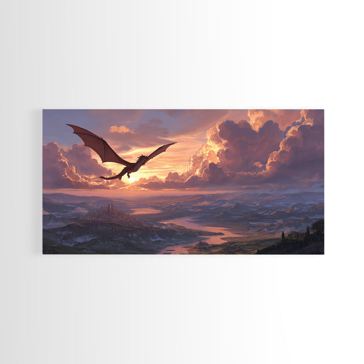Black Dragon Gliding Above Sunset Kingdom Framed Canvas Print, Fantasy Landscape Wall Art, Castle Lake Decor, Epic Wall Decor