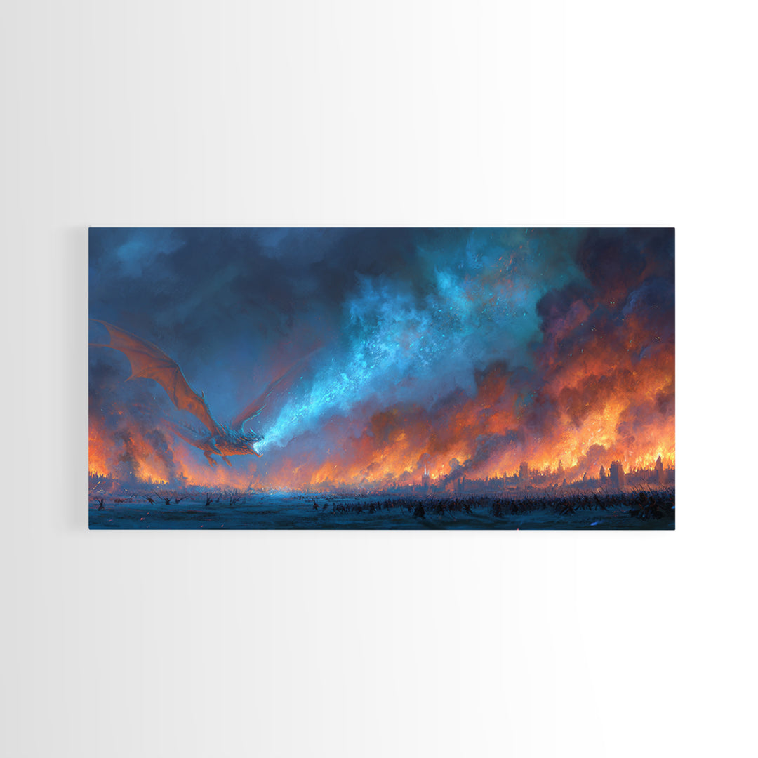 Blue Fire Dragon Over Burning Battlefield Canvas Print, Dark Fantasy Wall Art, Epic War Decor, Large Medieval Battle Artwork