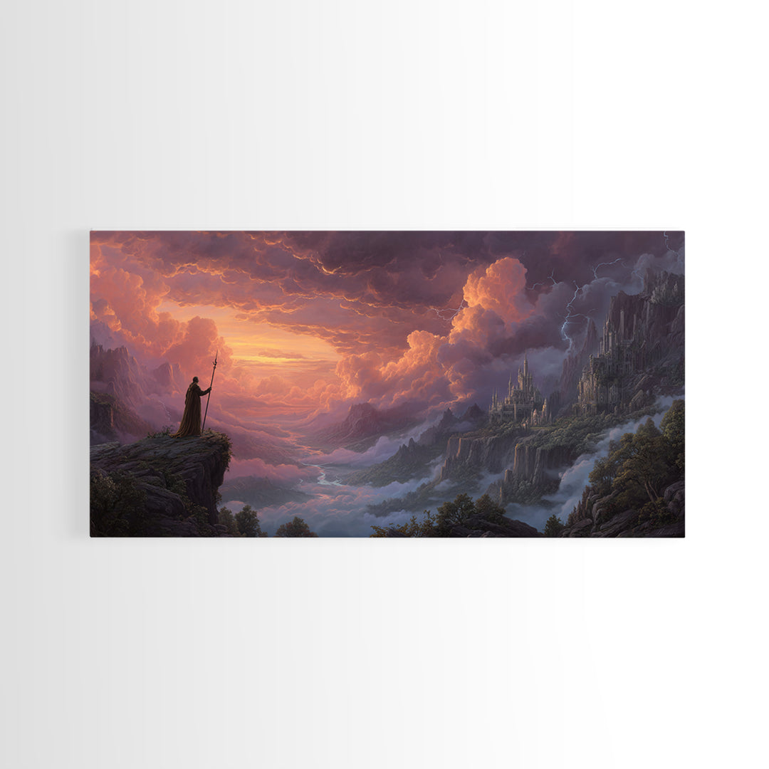 Cloaked Wizard Over Misty Castle Valley Framed Canvas Print, Fantasy Landscape Wall Art, Gothic Mountain Decor, Epic Artwork