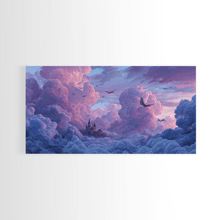 Dragons Soaring Through Lavender Clouds Canvas Print, Whimsical Fantasy Wall Art, Floating Castle Decor, Dreamy Sky Artwork