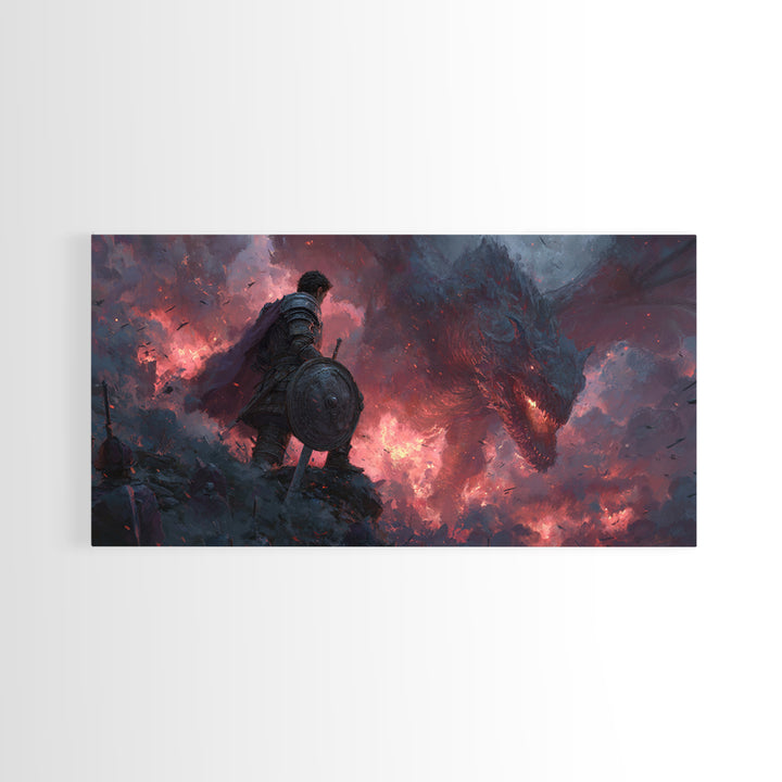 Lone Warrior Facing Shadow Dragon Framed Canvas Print, Dark Fantasy Wall Art, Gothic Battle Decor, Epic Medieval Artwork