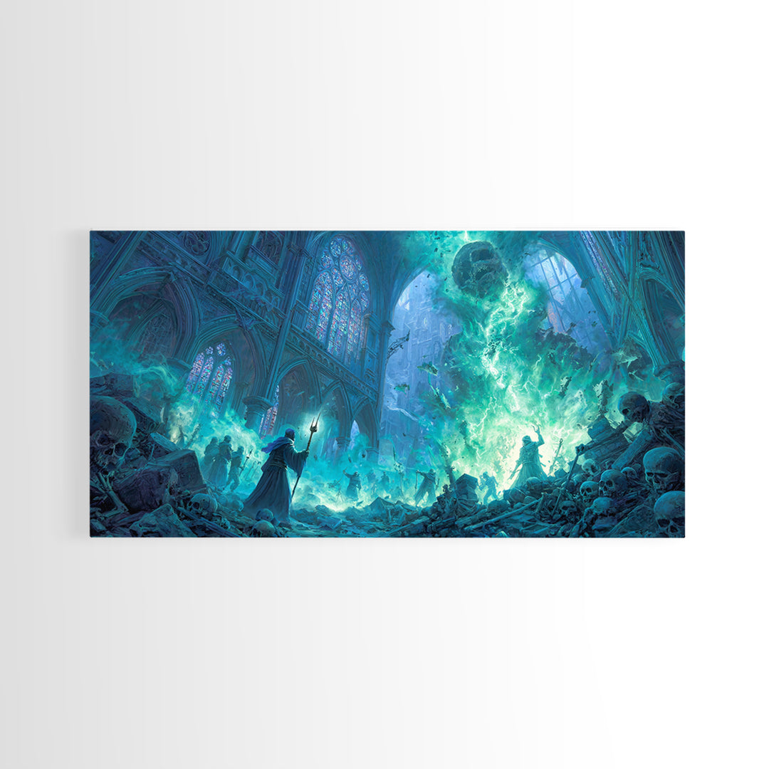 Gothic Cathedral Necromancer With Skulls Wall Art, Dark Fantasy Canvas Print, Occult Decor, Gamer Room, Spooky Gift For Halloween Decor