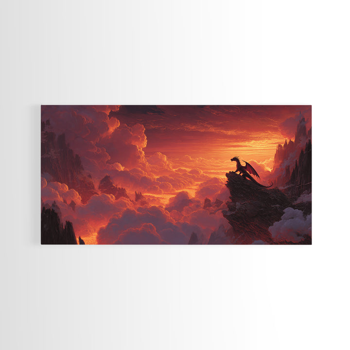 Lone Dragon On Cliff At Fiery Sunset Wall Art, Epic Fantasy Landscape, Medieval Castle Decor, Dramatic Canvas Print Gift