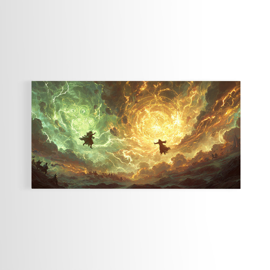 Soaring Wizards And Golden Magic Portal Wall Art, Mystical Fantasy Landscape, Spellcaster Canvas Print, Gaming Room Decor