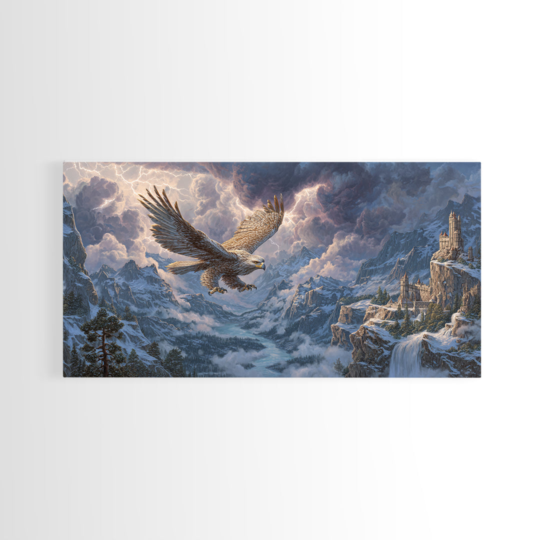 Giant Eagle Over Snowy Mountain Castle Framed Canvas Print, Epic Fantasy Landscape Wall Art, Wildlife Decor, Gift For Him