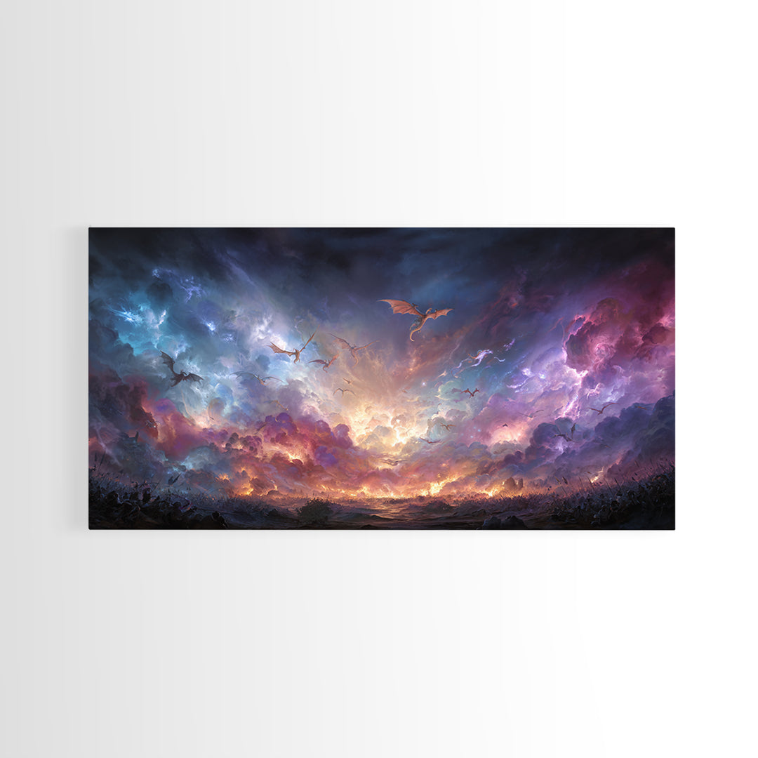 Dragons Flying Through Stormy Cosmic Sky Wall Art, Dark Fantasy Landscape Canvas Print, Surreal Decor, Gamer Room Art, Moody Wall Decor