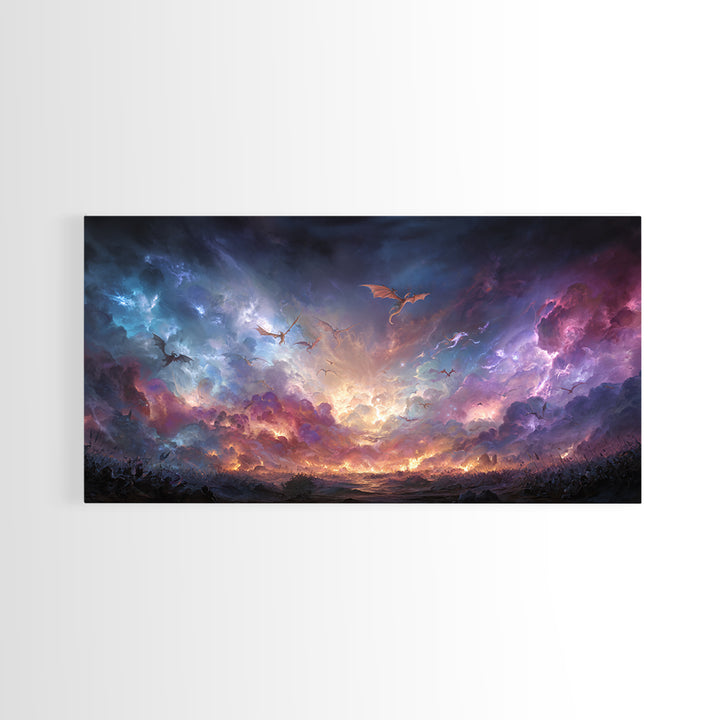 Dragons Flying Through Stormy Cosmic Sky Wall Art, Dark Fantasy Landscape Canvas Print, Surreal Decor, Gamer Room Art, Moody Wall Decor