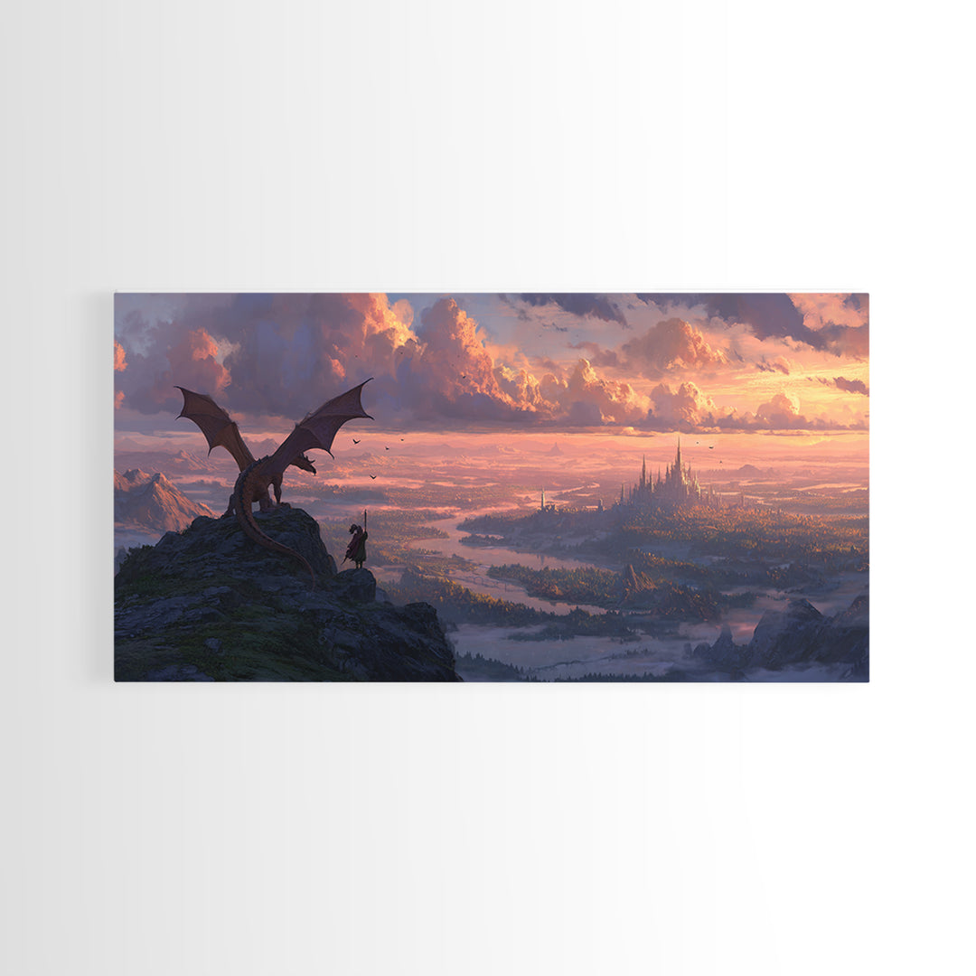 Dragon Rider Over Vast Castle City At Sunset Wall Art, Epic Fantasy Landscape Canvas Print, Medieval Decor, Gift For Gamer
