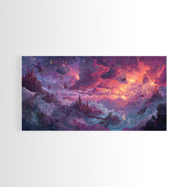 Cloud Kingdom Castles In Pink Twilight Wall Art, Whimsical Fantasy Landscape Canvas Print, Dreamy Nursery Decor, Gift For Kids Room