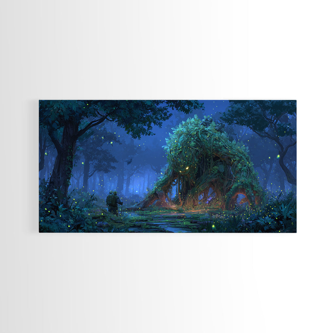 Glowing Forest Spirit Beneath Starry Trees Wall Art, Whimsical Fantasy Canvas Print, Woodland Nursery Decor, Nature Gift
