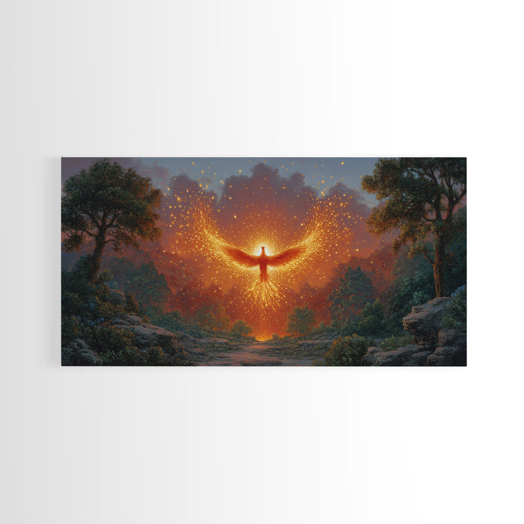 Glowing Phoenix Spirit In Enchanted Forest Wall Art, Fantasy Landscape Canvas, Mystical Home Decor, Magical Gift For Her