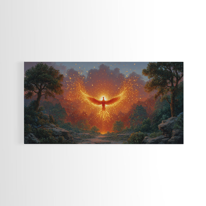 Glowing Phoenix Spirit In Enchanted Forest Wall Art, Fantasy Landscape Canvas, Mystical Home Decor, Magical Gift For Her