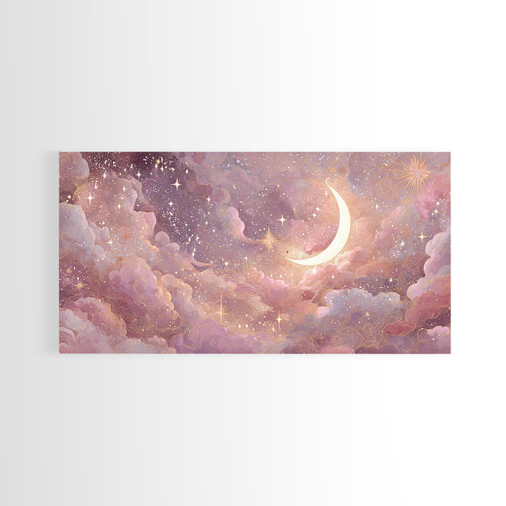 Pastel Crescent Moon And Starry Cloud Wall Art, Celestial Art Print, Whimsigoth Decor, Nursery Room Wall Decor, Gift For Her
