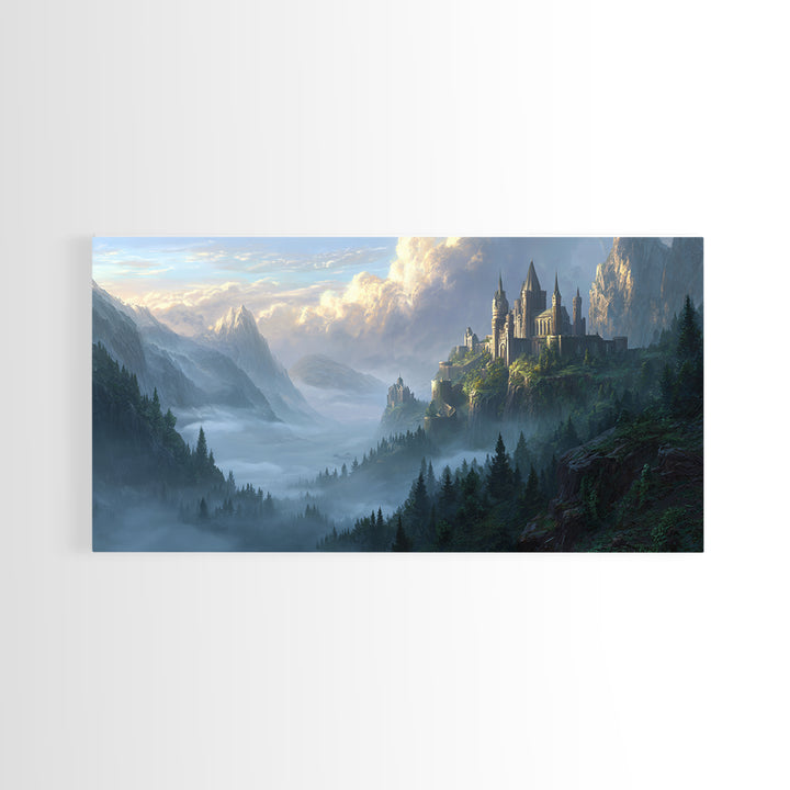 Misty Mountain Castle Above Forest Valley Framed Canvas Print, Fantasy Landscape Wall Art, Large Medieval Home Decor Housewarming Gift