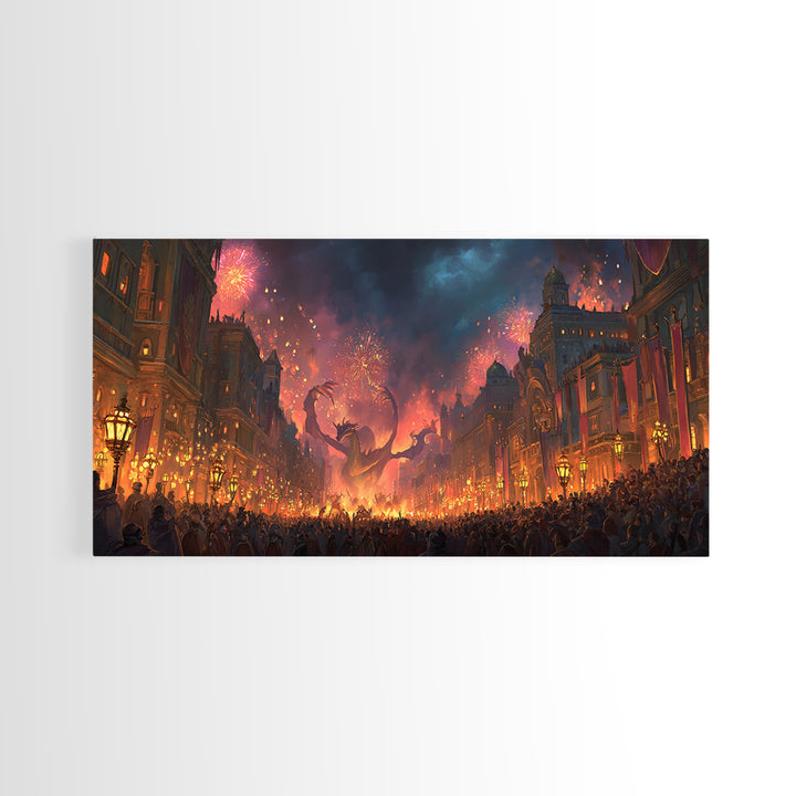 Fiery Dragon Festival In Grand City Wall Art, Dark Fantasy Canvas Print, Maximalist Decor, Gaming Room Poster Gift For Him