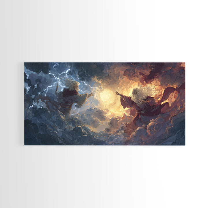 Storm Wizards Casting Light In Celestial Clouds Canvas Print, Fantasy Wall Art, Mystical Decor, Dramatic Surreal Art Gift
