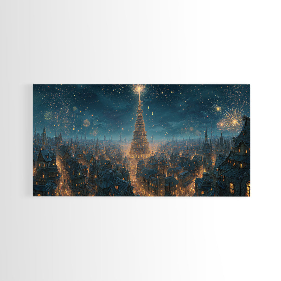 Starry Winter City With Towering Yule Tree Framed Canvas Print, Fantasy Wall Art, Holiday Decor, Magical Christmas Wall Decor Gift