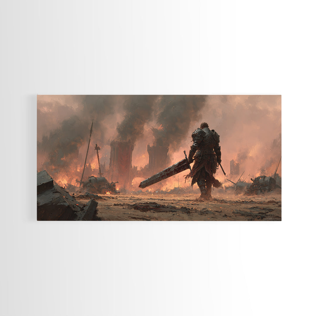Armored Warrior With Giant Sword In Burning Ruins Canvas Print, Dark Fantasy Wall Art, Medieval Game Room Decor Gift For Him
