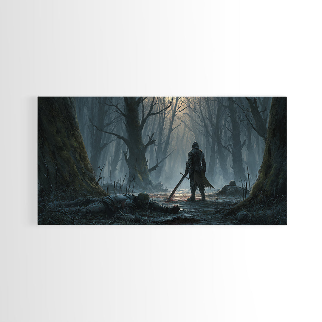 Lone Knight In Haunted Swamp Forest Wall Art, Dark Fantasy Canvas Print, Gothic Decor, Moody Medieval Home Decor Gift For Him