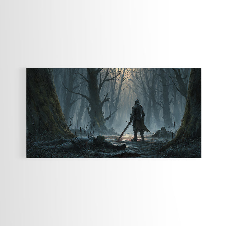 Lone Knight In Haunted Swamp Forest Wall Art, Dark Fantasy Canvas Print, Gothic Decor, Moody Medieval Home Decor Gift For Him
