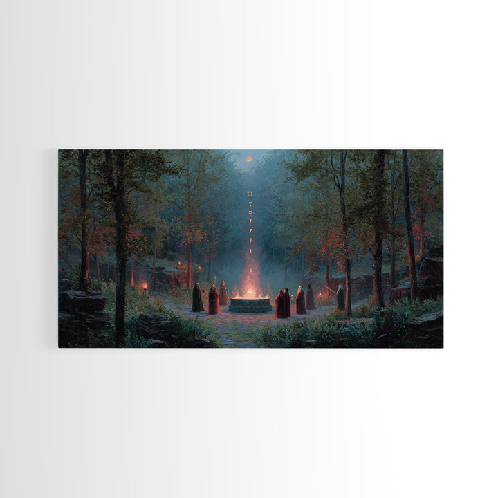 Hooded Druids Around Moonlit Forest Altar Wall Art, Dark Fantasy Canvas Print, Gothic Witchy Decor, Mystical Home Decor Gift