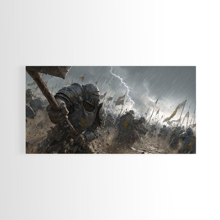 Knights In Rainy Lightning Battlefield Canvas Print, Medieval Fantasy Wall Art, Epic Dark War Decor, Game Room Gift For Him