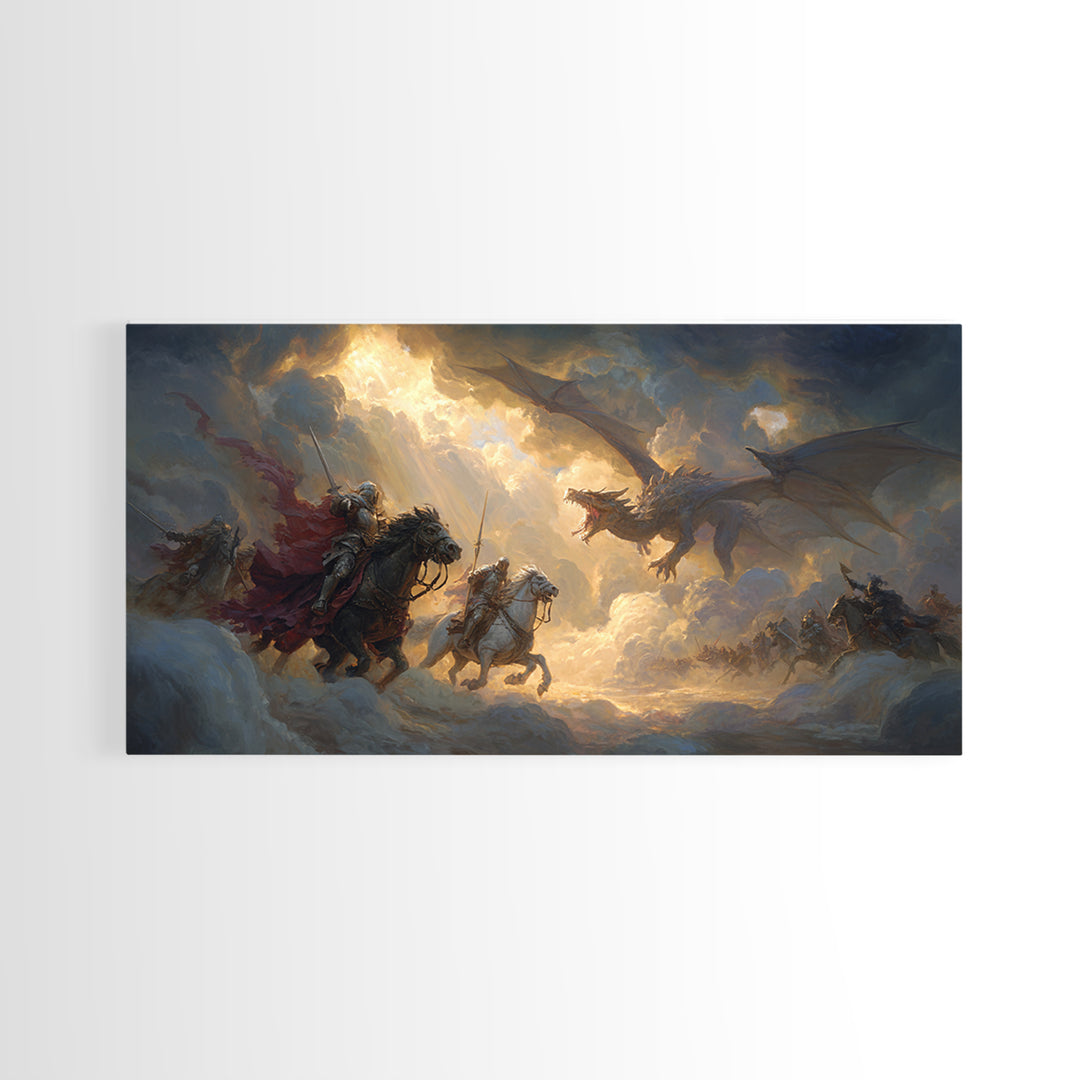 Knights Charging Toward Dragon In Stormy Sky Canvas Print, Epic Fantasy Wall Art For Gamer Room And Medieval Home Decor Gift