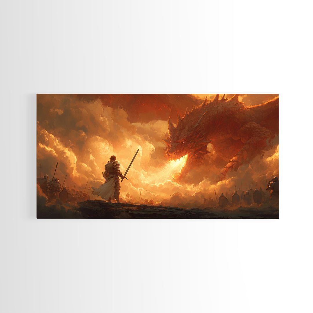 Lone Swordsman Facing Fire Dragon Wall Art, Dark Fantasy Canvas Print For Medieval Decor, Gamer Room, And Unique Gift For Him